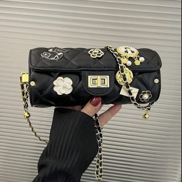 Designer Inspired Black and Gold COCO Embellishments Shoulder Crossbody Bag - Picture 9 of 10